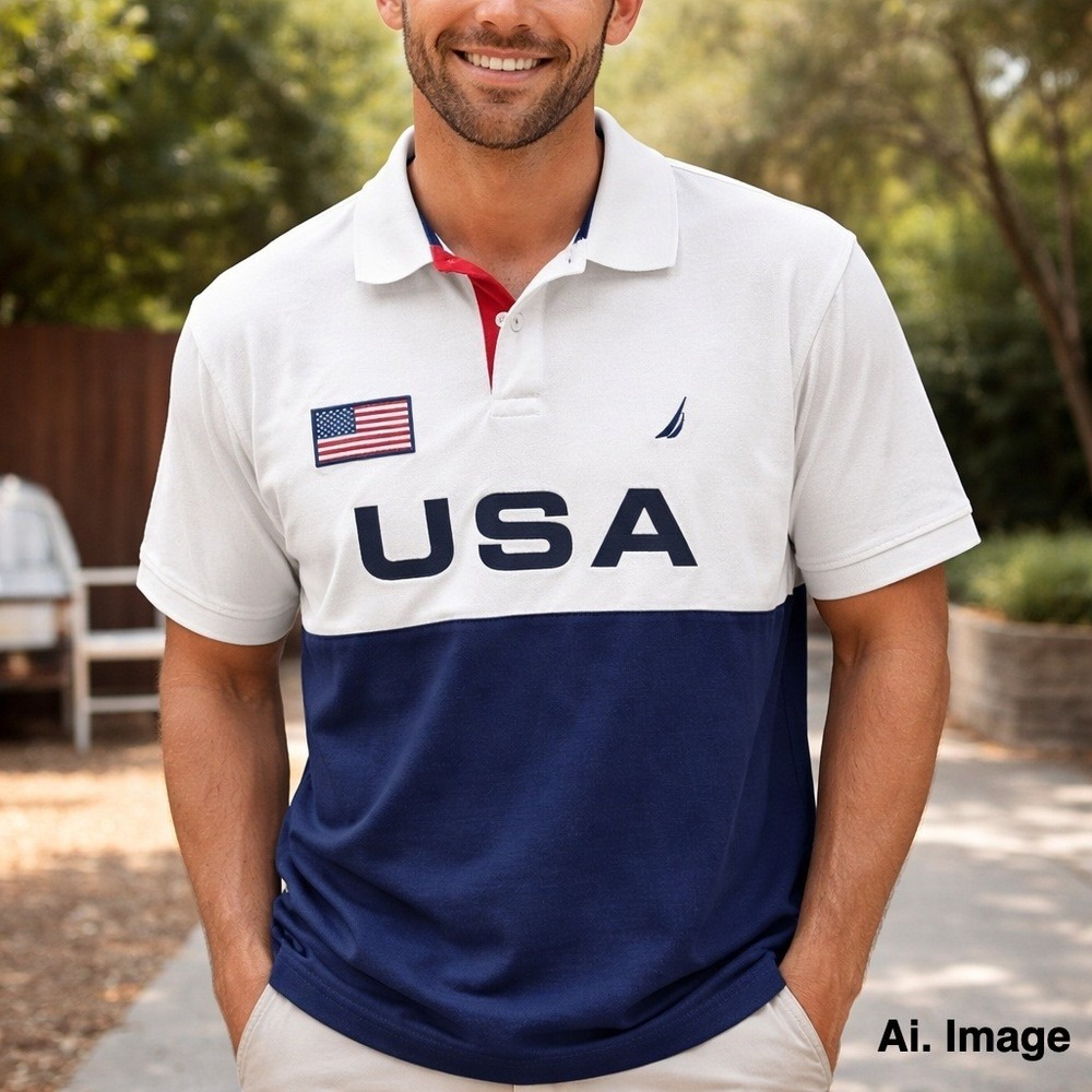 Nautica USA Polo Shirt Mens XXL Colorblock Flag Logo Cotton Rugby Style